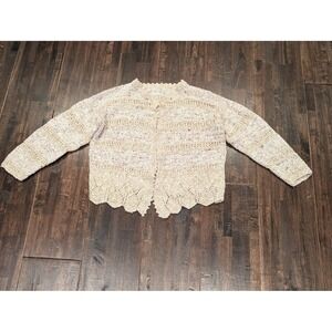 Handmade Knit Cardigan Womens Large Cream Pastel Open Front Scallop Hem Textured